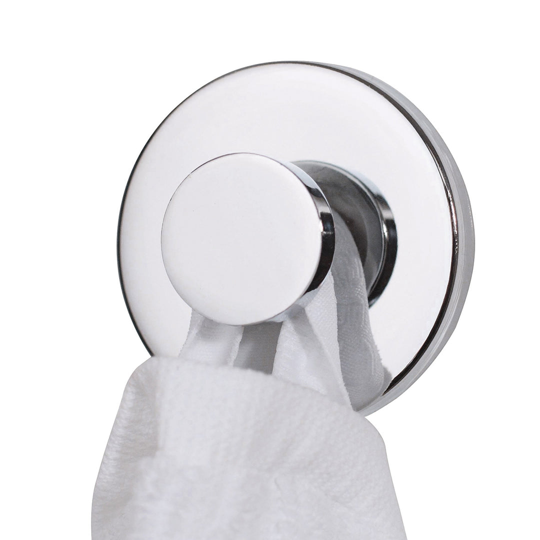 Bosign Invisible stainless steel suction cup towel hook with a polished chrome finish holding a white towel