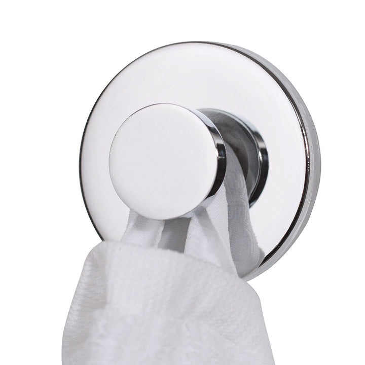 Bosign Invisible stainless steel suction cup towel hook with a polished chrome finish holding a white towel